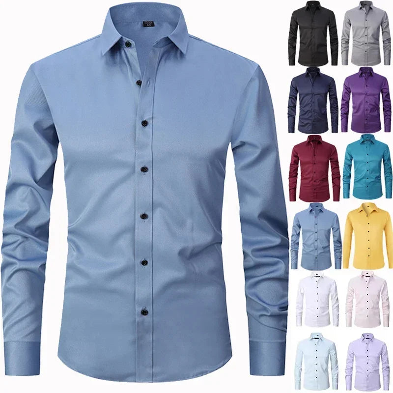 Men's four-way stretch premium shirt, wrinkle-resistant, business casual, slim-fitting, single-breasted suitable for all seasons