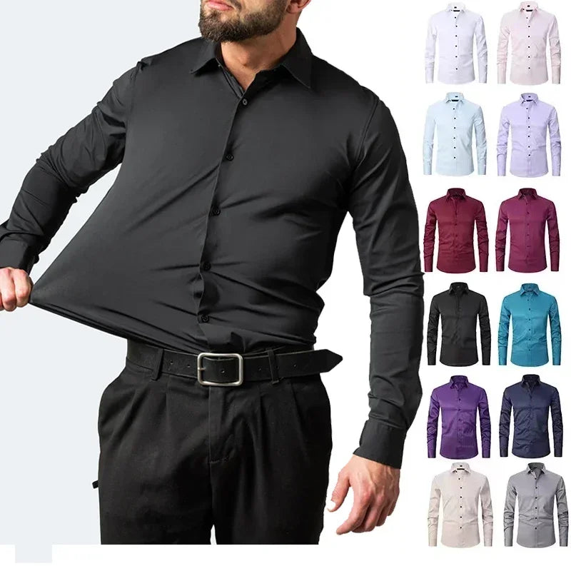Men's four-way stretch premium shirt, wrinkle-resistant, business casual, slim-fitting, single-breasted suitable for all seasons