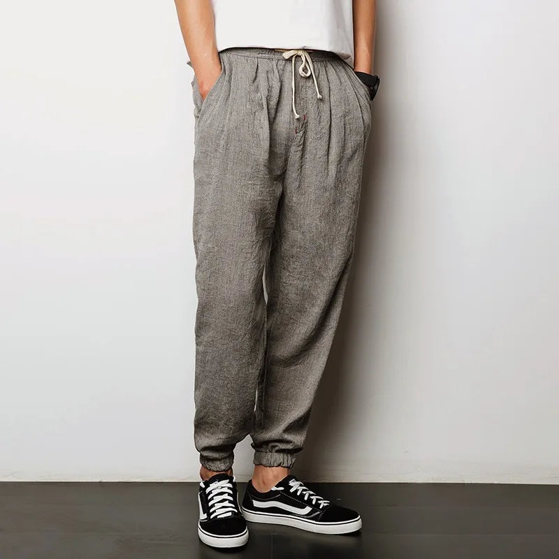 Summer Men's Loose Cotton Linen Harlan Pants Comfortable Casual Fashionable Lantern Trousers Cuffed Pants Youth Popular