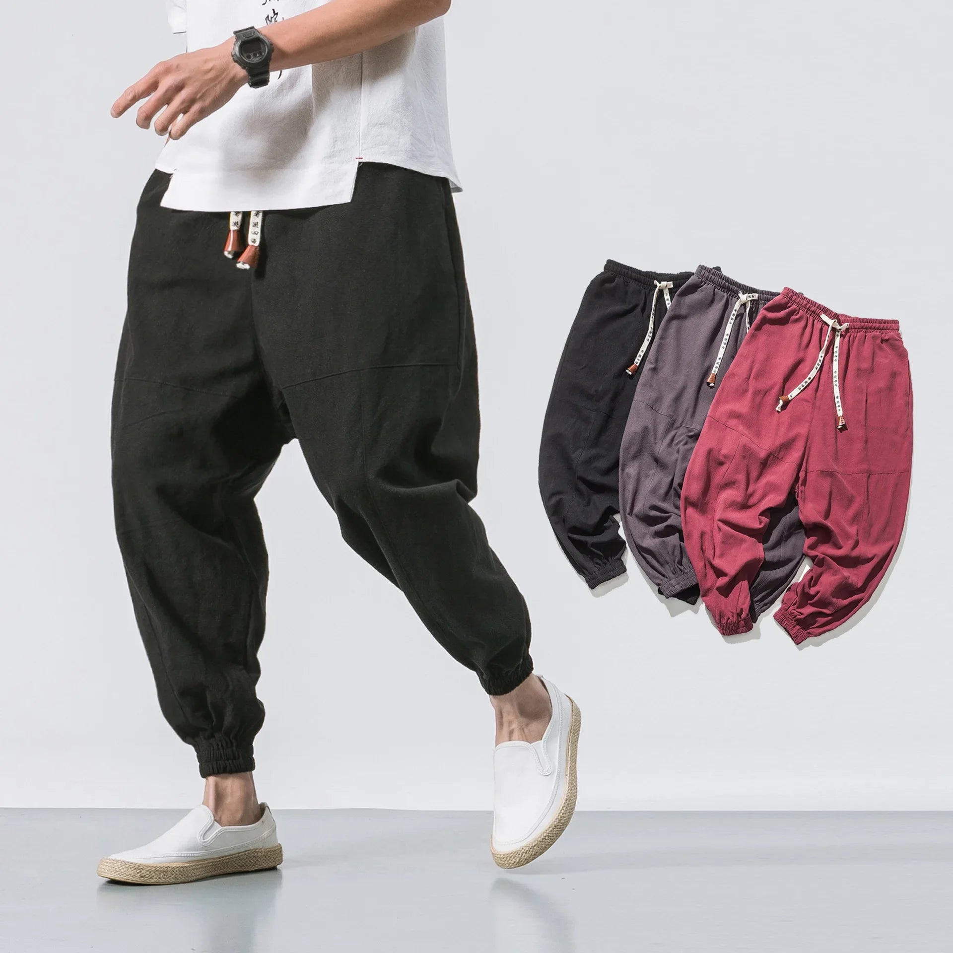 Loose Cotton Linen Men's Casual Pants Autumn Winter New Style Japanese Style Drawstring Wide Leg Lantern Pants
