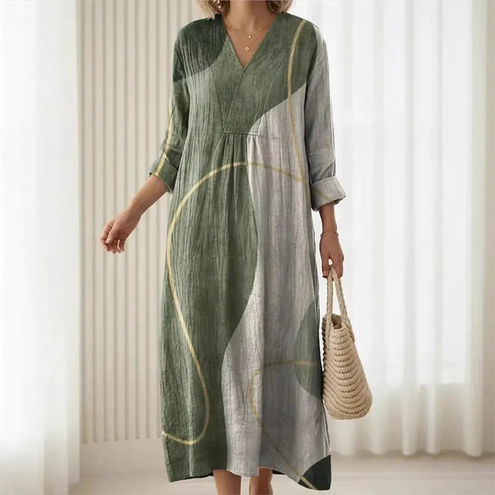 Summer Fashion Bamboo Linen Printed Women's Short Sleeve Dress 2026 New Casual Loose Retro Pocket Elegant Female Vacation Dress