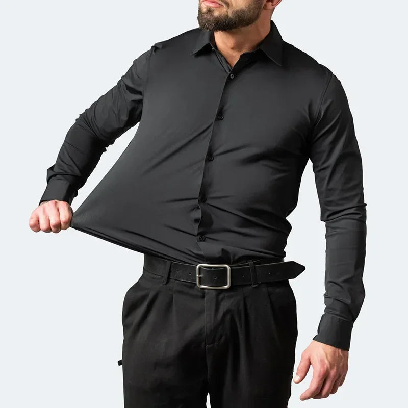 Men's four-way stretch premium shirt, wrinkle-resistant, business casual, slim-fitting, single-breasted suitable for all seasons