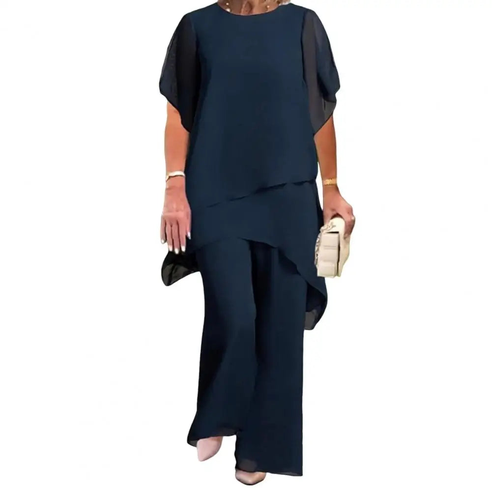 Women's 2-Piece Chiffon Set Casual Wide Leg Pant Suit Ruffle Asymmetric Layers Wedding Guest Outfit Daily Wear for Summer