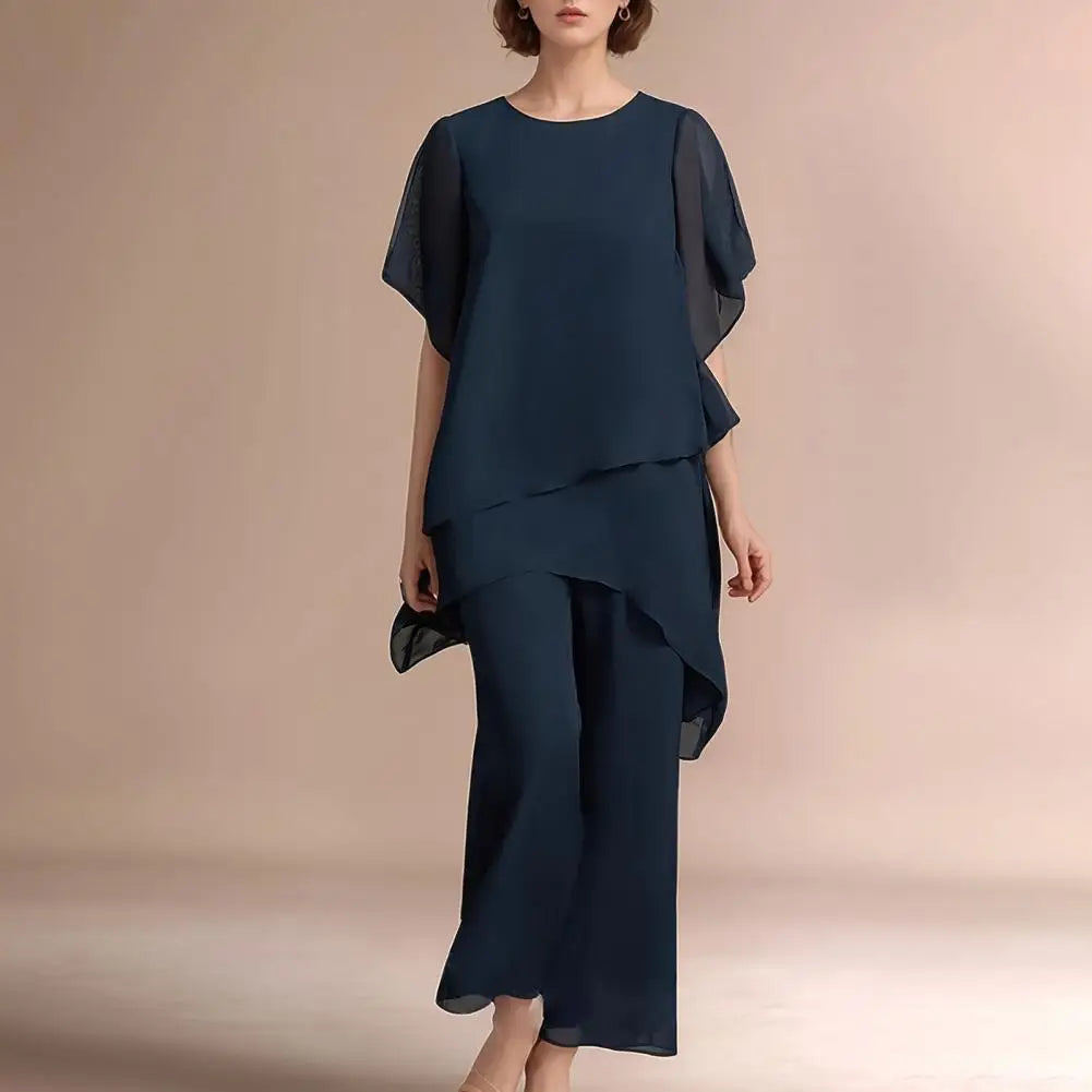Women's 2-Piece Chiffon Set Casual Wide Leg Pant Suit Ruffle Asymmetric Layers Wedding Guest Outfit Daily Wear for Summer
