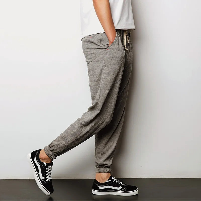 Summer Men's Loose Cotton Linen Harlan Pants Comfortable Casual Fashionable Lantern Trousers Cuffed Pants Youth Popular