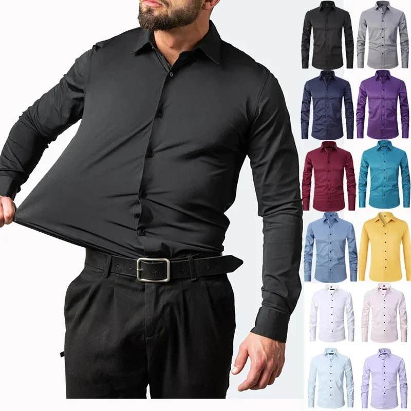 Men's four-way stretch premium shirt, wrinkle-resistant, business casual, slim-fitting, single-breasted suitable for all seasons