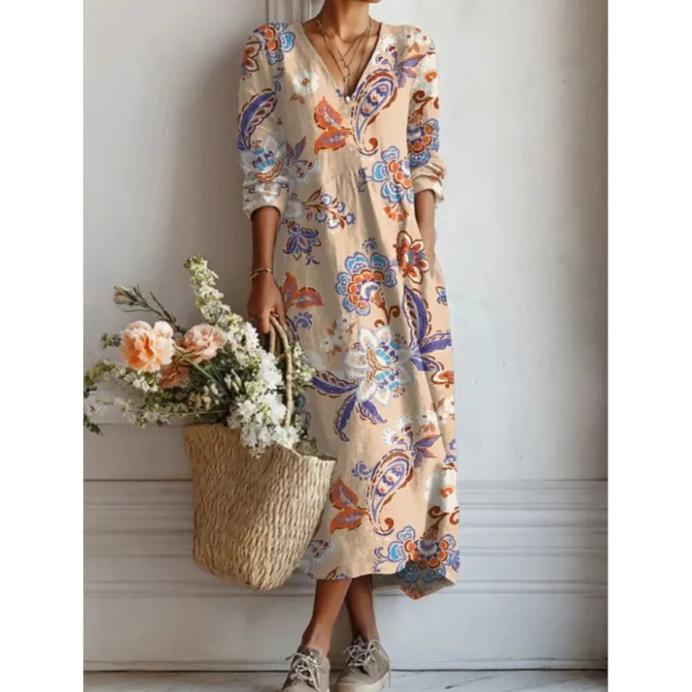 Summer Fashion Bamboo Linen Printed Women's Short Sleeve Dress 2026 New Casual Loose Retro Pocket Elegant Female Vacation Dress