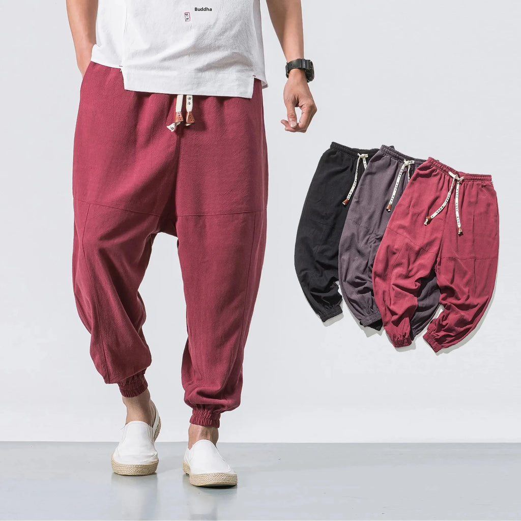 Loose Cotton Linen Men's Casual Pants Autumn Winter New Style Japanese Style Drawstring Wide Leg Lantern Pants