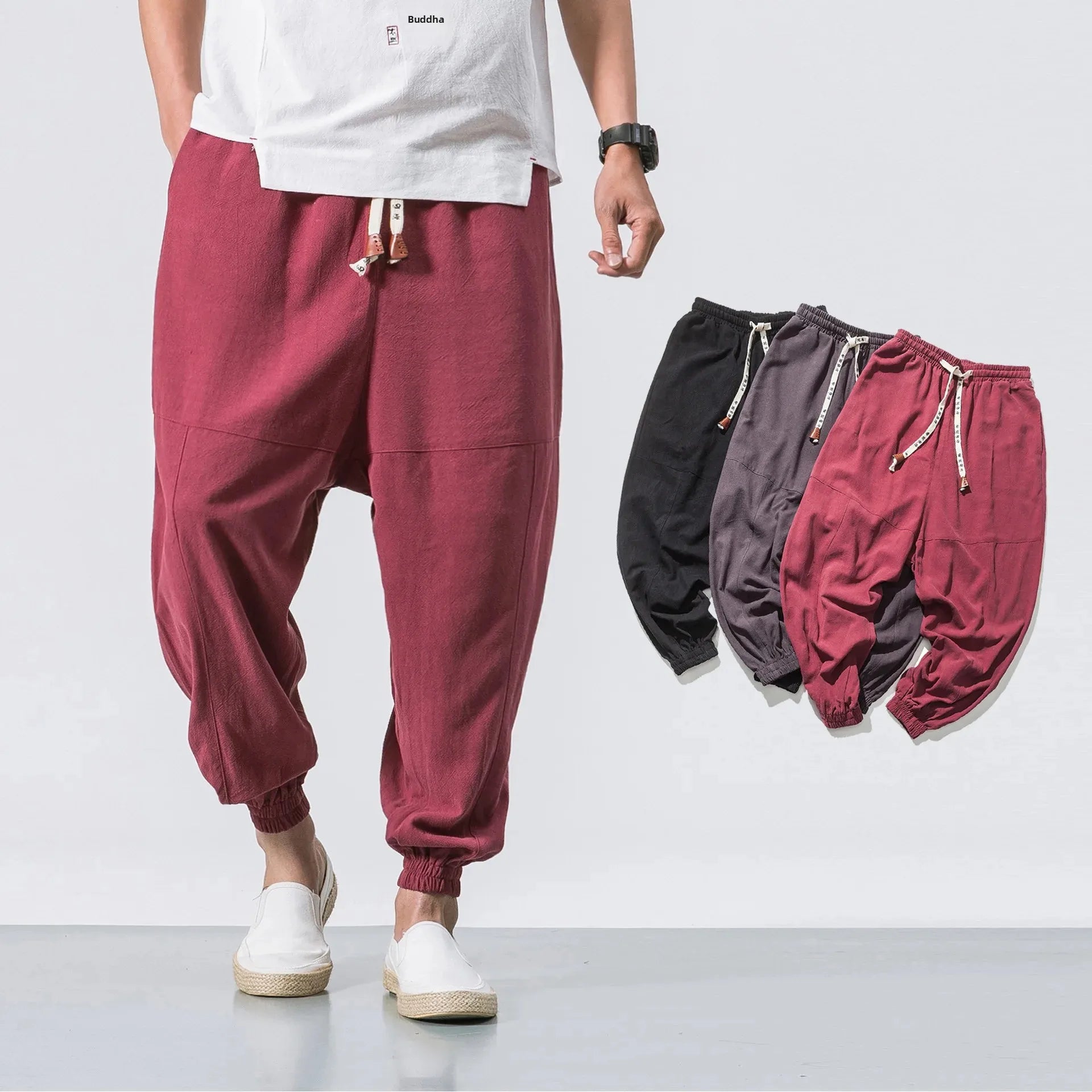 Loose Cotton Linen Men's Casual Pants Autumn Winter New Style Japanese Style Drawstring Wide Leg Lantern Pants