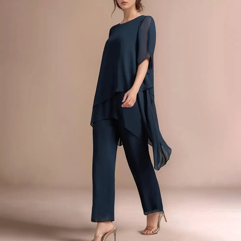 Women's 2-Piece Chiffon Set Casual Wide Leg Pant Suit Ruffle Asymmetric Layers Wedding Guest Outfit Daily Wear for Summer