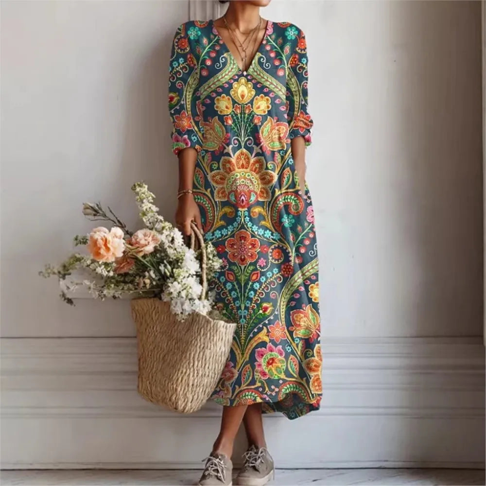 Summer Fashion Bamboo Linen Printed Women's Short Sleeve Dress 2026 New Casual Loose Retro Pocket Elegant Female Vacation Dress