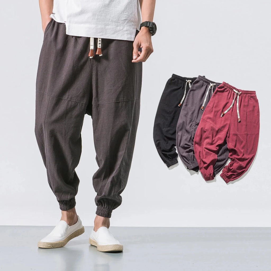 Loose Cotton Linen Men's Casual Pants Autumn Winter New Style Japanese Style Drawstring Wide Leg Lantern Pants