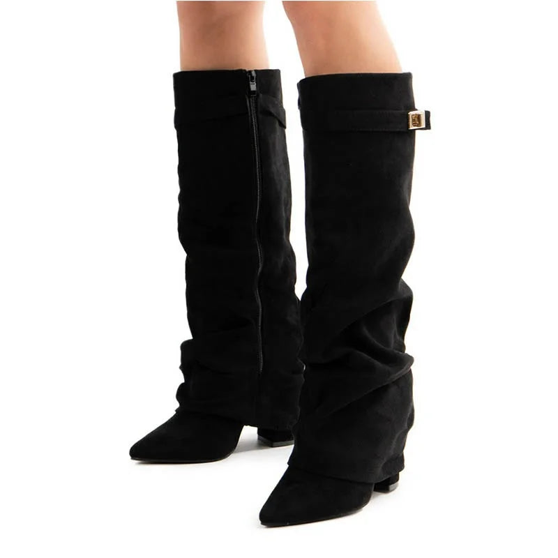 Valentina | Bottes hautes en daim beige à boucle pour femme