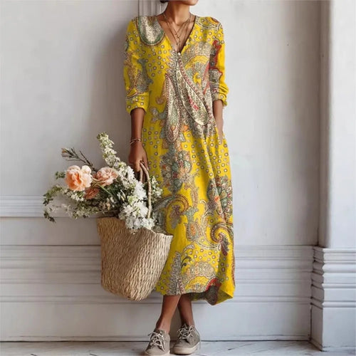 Summer Fashion Bamboo Linen Printed Women's Short Sleeve Dress 2026 New Casual Loose Retro Pocket Elegant Female Vacation Dress