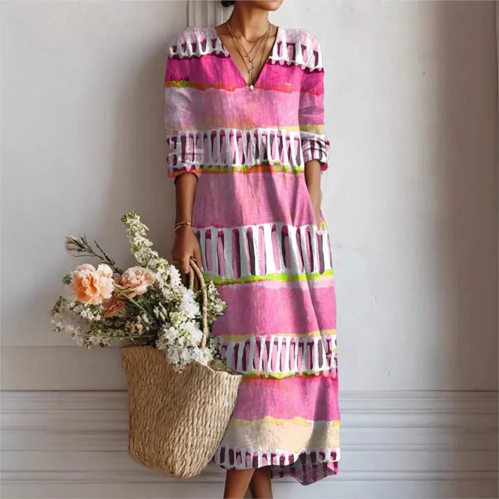 Summer Fashion Bamboo Linen Printed Women's Short Sleeve Dress 2026 New Casual Loose Retro Pocket Elegant Female Vacation Dress