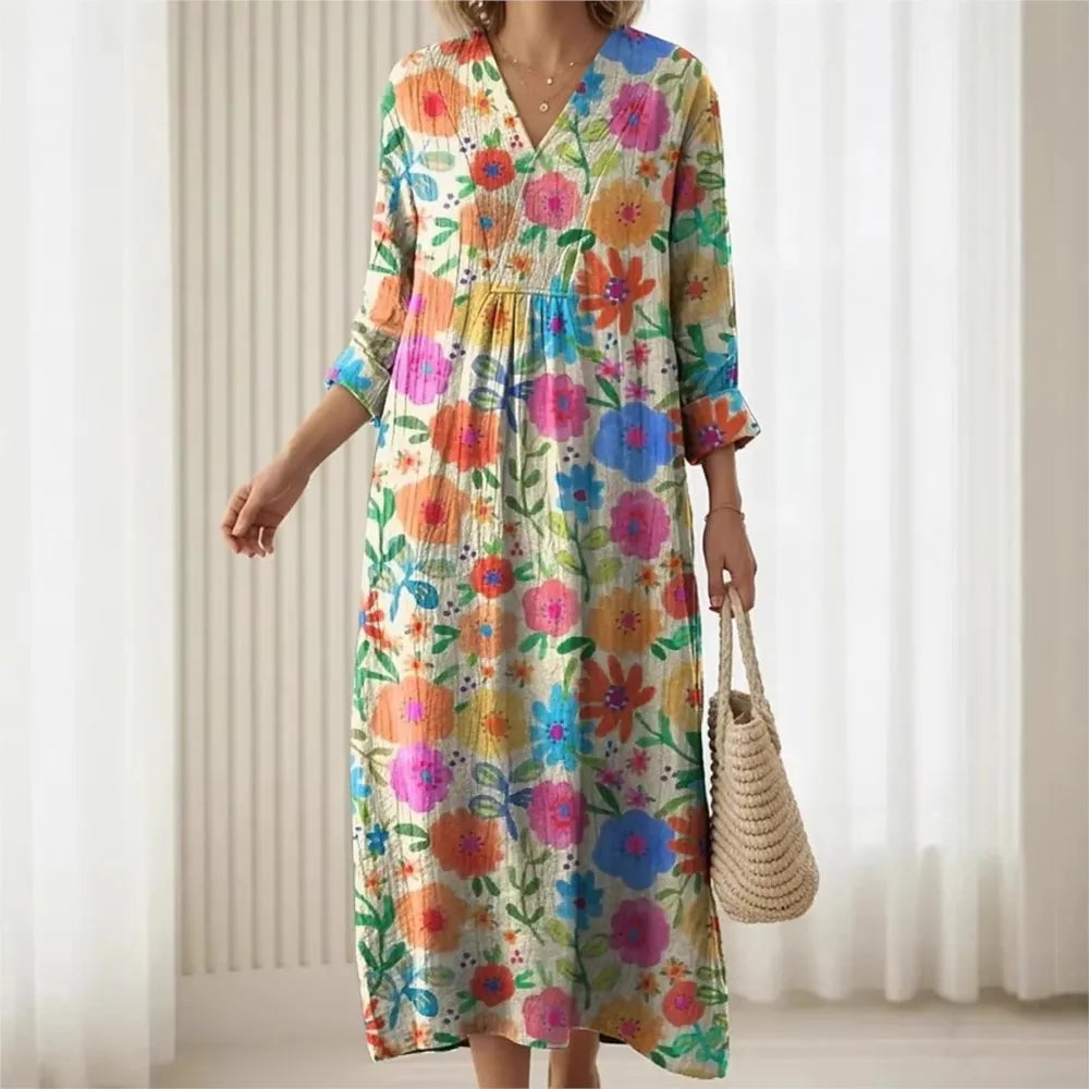 Summer Fashion Bamboo Linen Printed Women's Short Sleeve Dress 2026 New Casual Loose Retro Pocket Elegant Female Vacation Dress