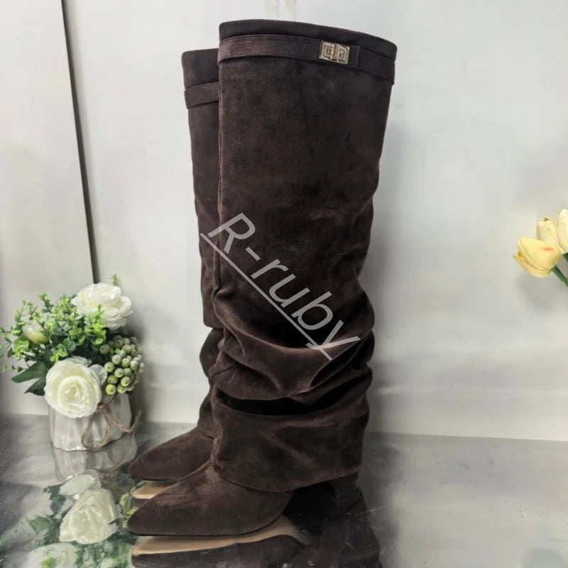 Valentina | Bottes hautes en daim beige à boucle pour femme