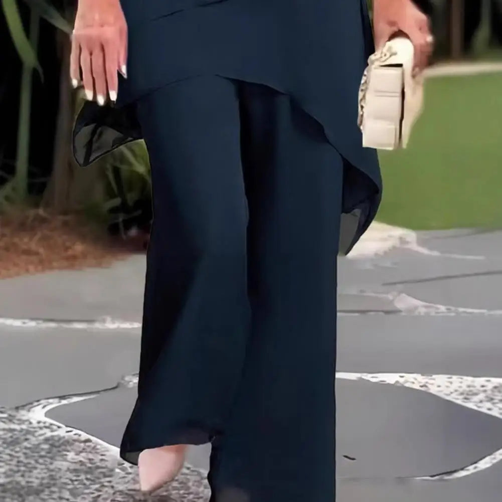Women's 2-Piece Chiffon Set Casual Wide Leg Pant Suit Ruffle Asymmetric Layers Wedding Guest Outfit Daily Wear for Summer